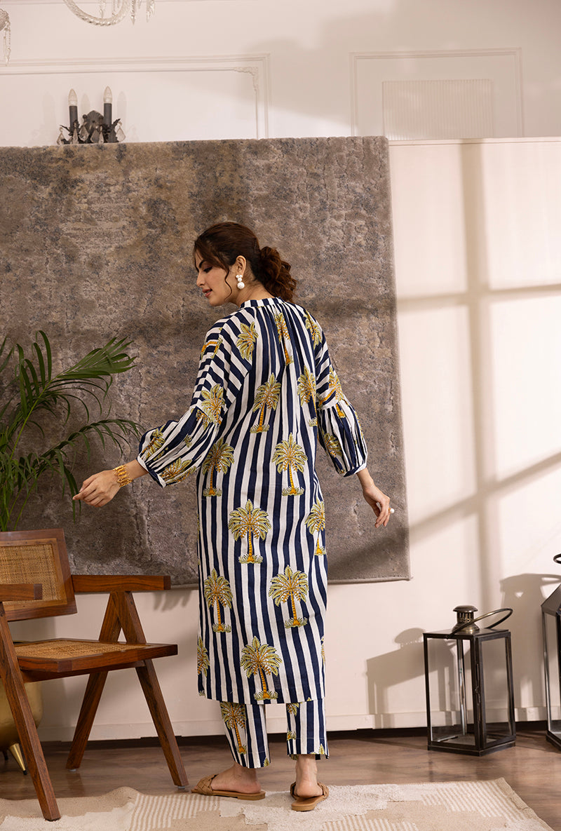 Blue And White Stripe And Palm Hazel Kurta Set