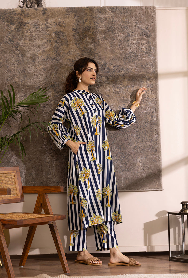 Blue And White Stripe And Palm Hazel Kurta Set