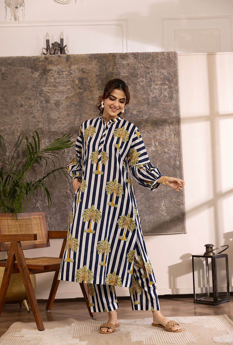 Blue And White Stripe And Palm Hazel Kurta Set