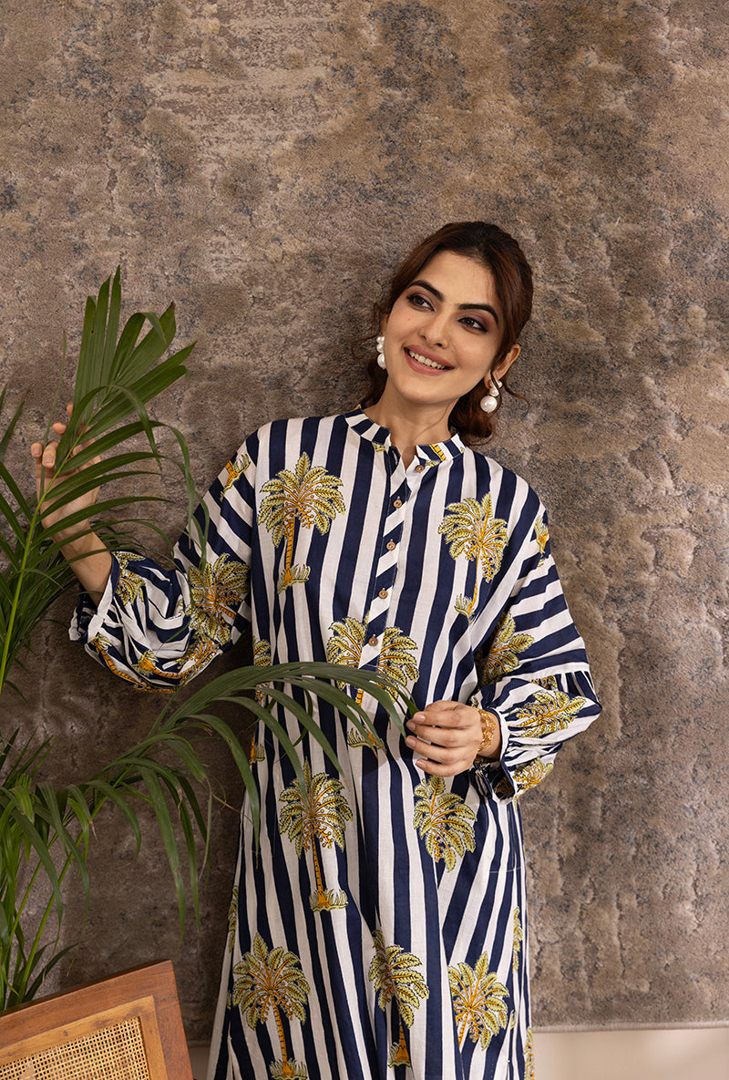 Blue And White Stripe And Palm Hazel Kurta Set