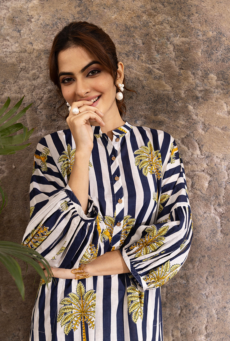 Blue And White Stripe And Palm Hazel Kurta Set