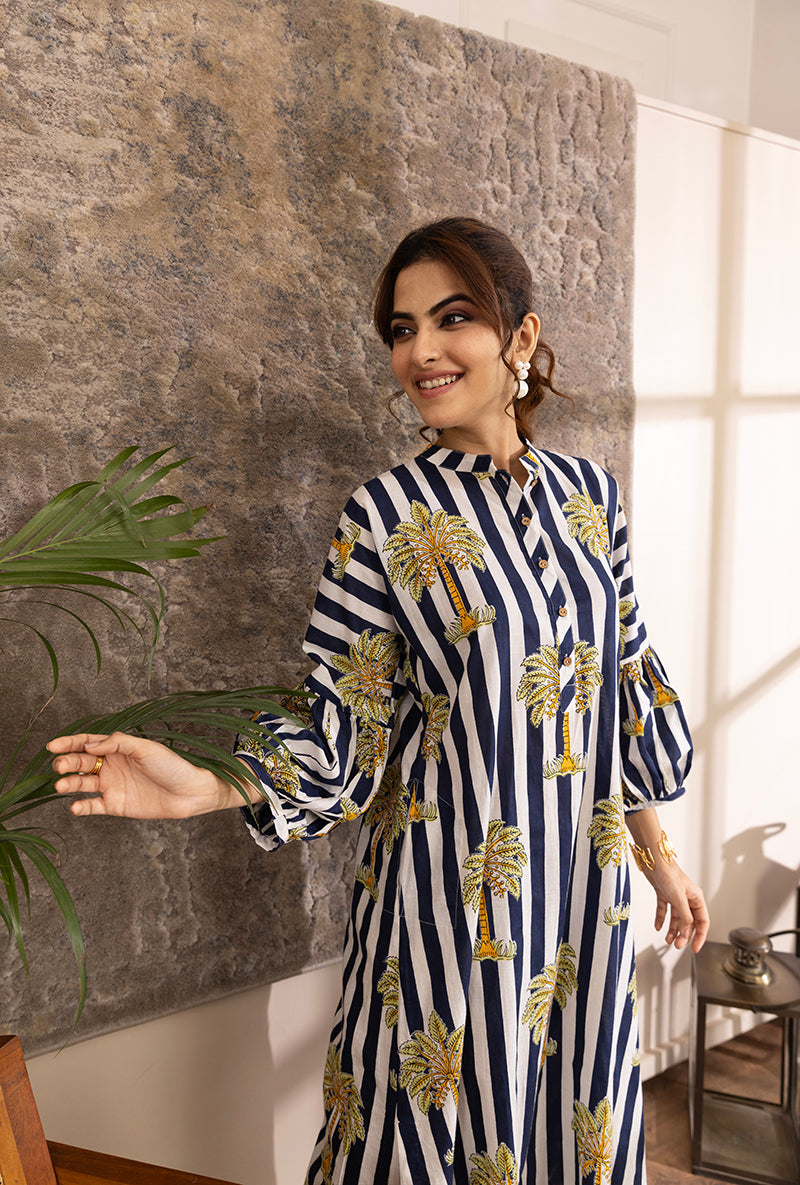 Blue And White Stripe And Palm Hazel Kurta Set