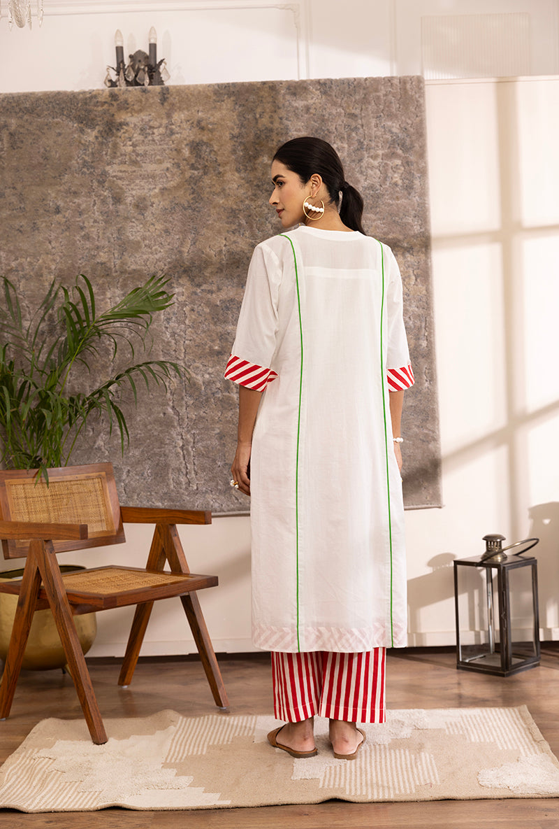 White Roll Up Sleeve Contrast Bottom Hazel Kurta Set