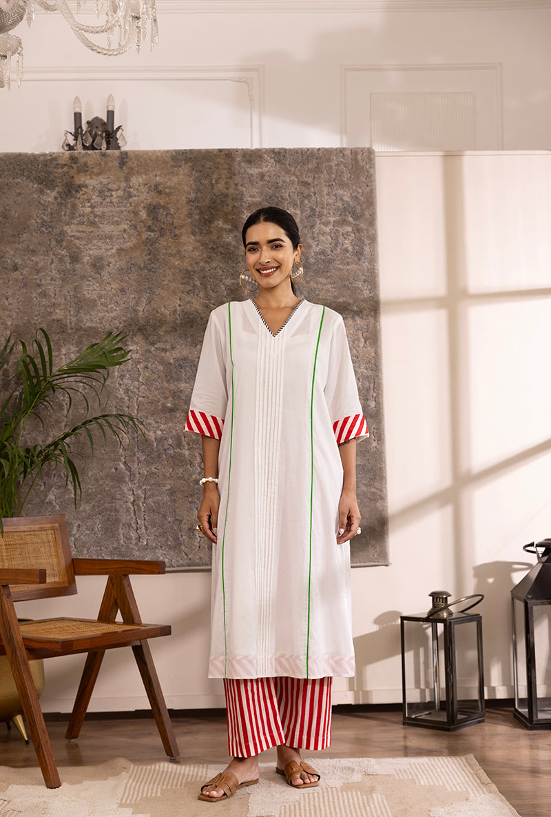 White Roll Up Sleeve Contrast Bottom Hazel Kurta Set