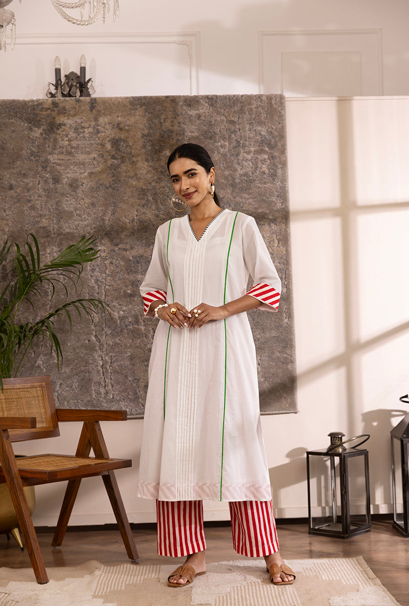 White Roll Up Sleeve Contrast Bottom Hazel Kurta Set