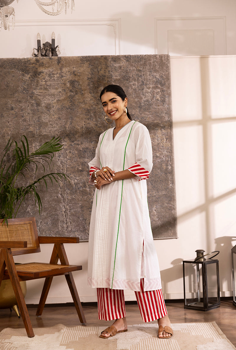 White Roll Up Sleeve Contrast Bottom Hazel Kurta Set