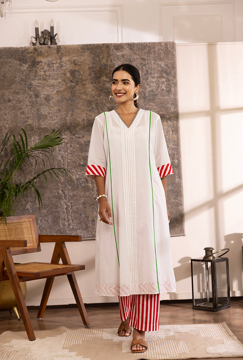 White Roll Up Sleeve Contrast Bottom Hazel Kurta Set
