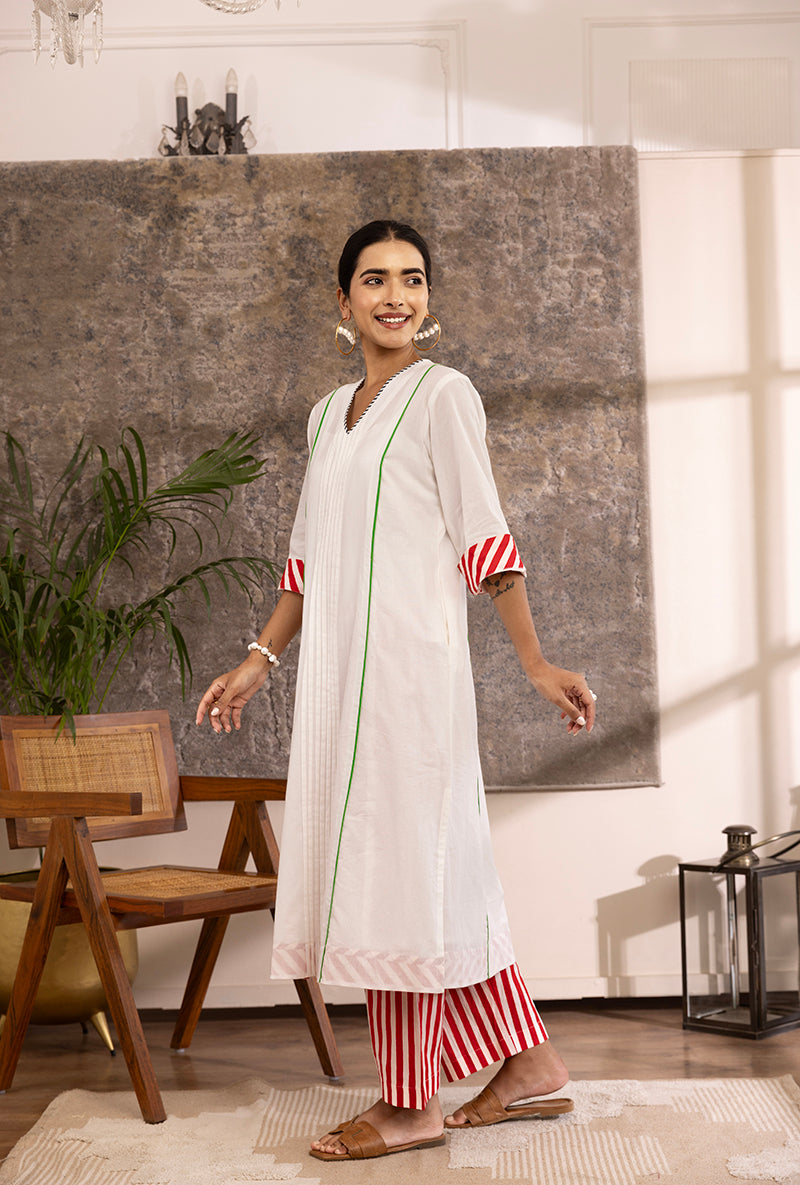 White Roll Up Sleeve Contrast Bottom Hazel Kurta Set