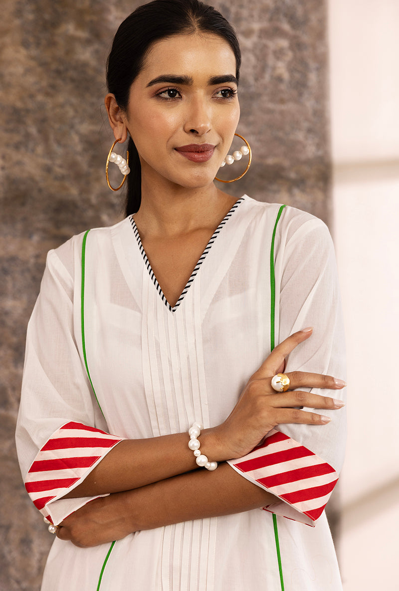White Roll Up Sleeve Contrast Bottom Hazel Kurta Set