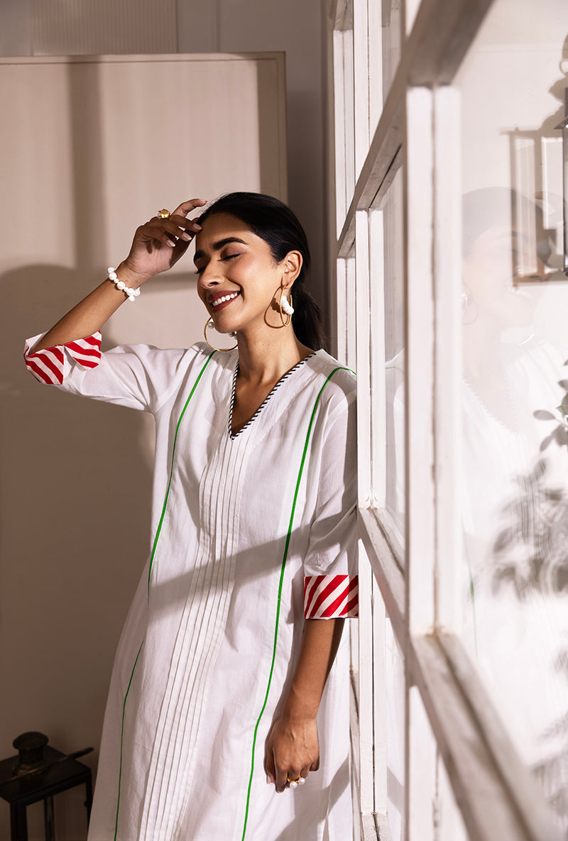 White Roll Up Sleeve Contrast Bottom Hazel Kurta Set