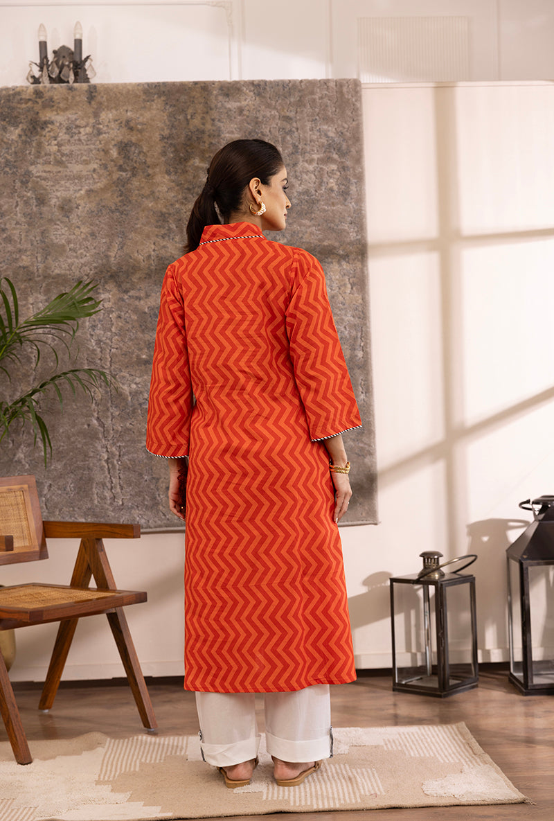 Orange Zing -Zag Print A-Line Hazel Kurta Set