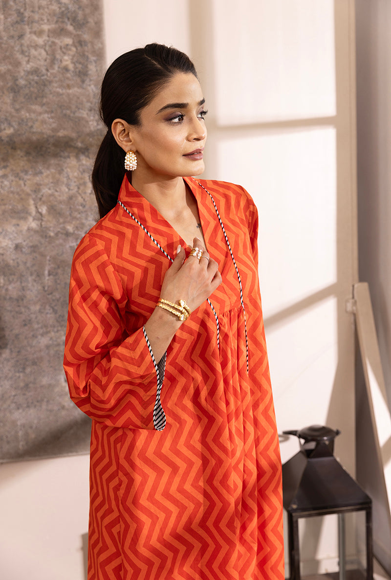 Orange Zing -Zag Print A-Line Hazel Kurta Set