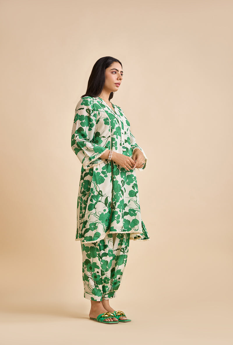 Emerald Green Valan All Over Print Blossom Kurta Set