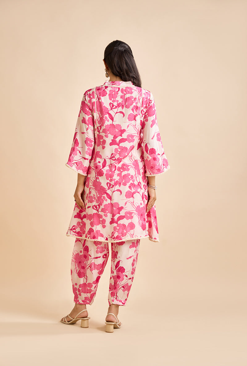 Fuschia Pink Valan All Over Print Blossom Kurta Set