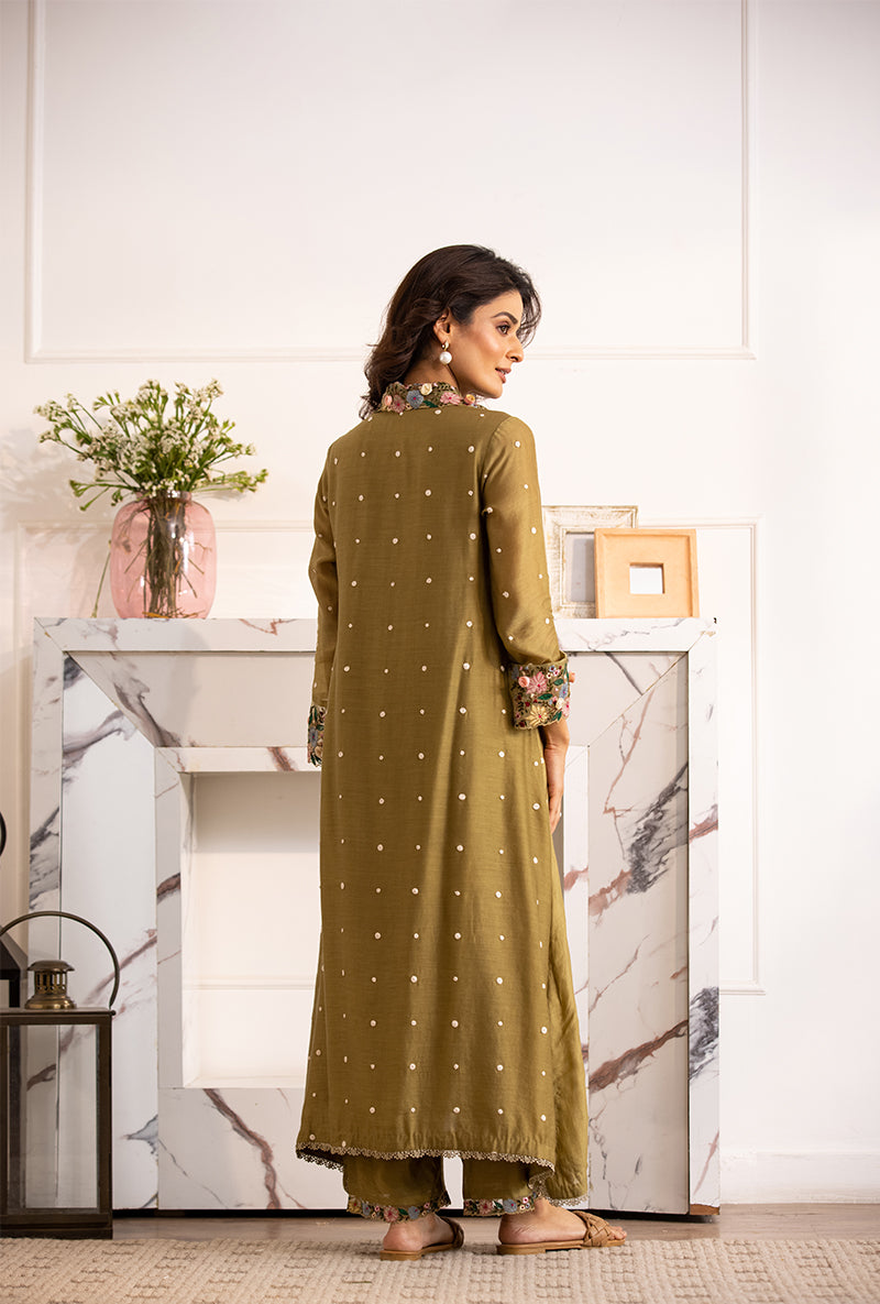Olive Green Orchid Collar Sahiba Kurta Set