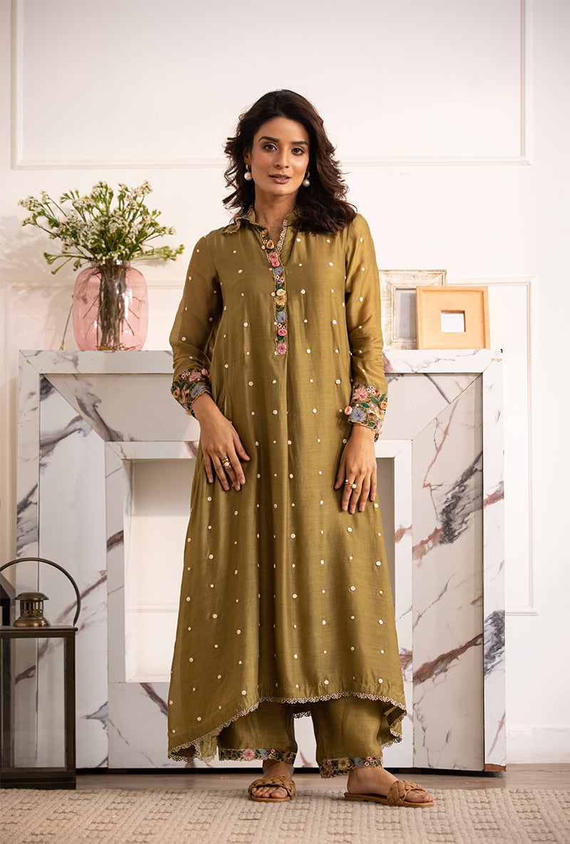 Olive Green Orchid Collar Sahiba Kurta Set