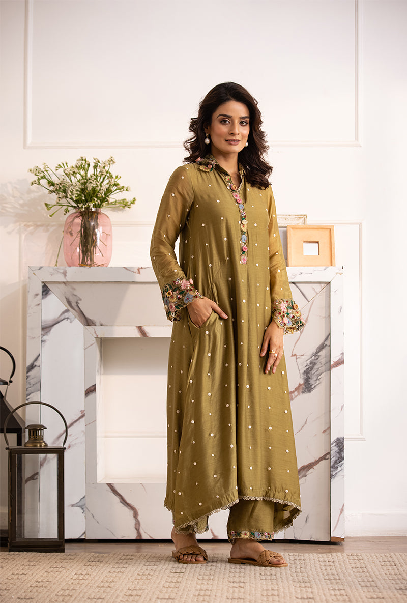 Olive Green Orchid Collar Sahiba Kurta Set
