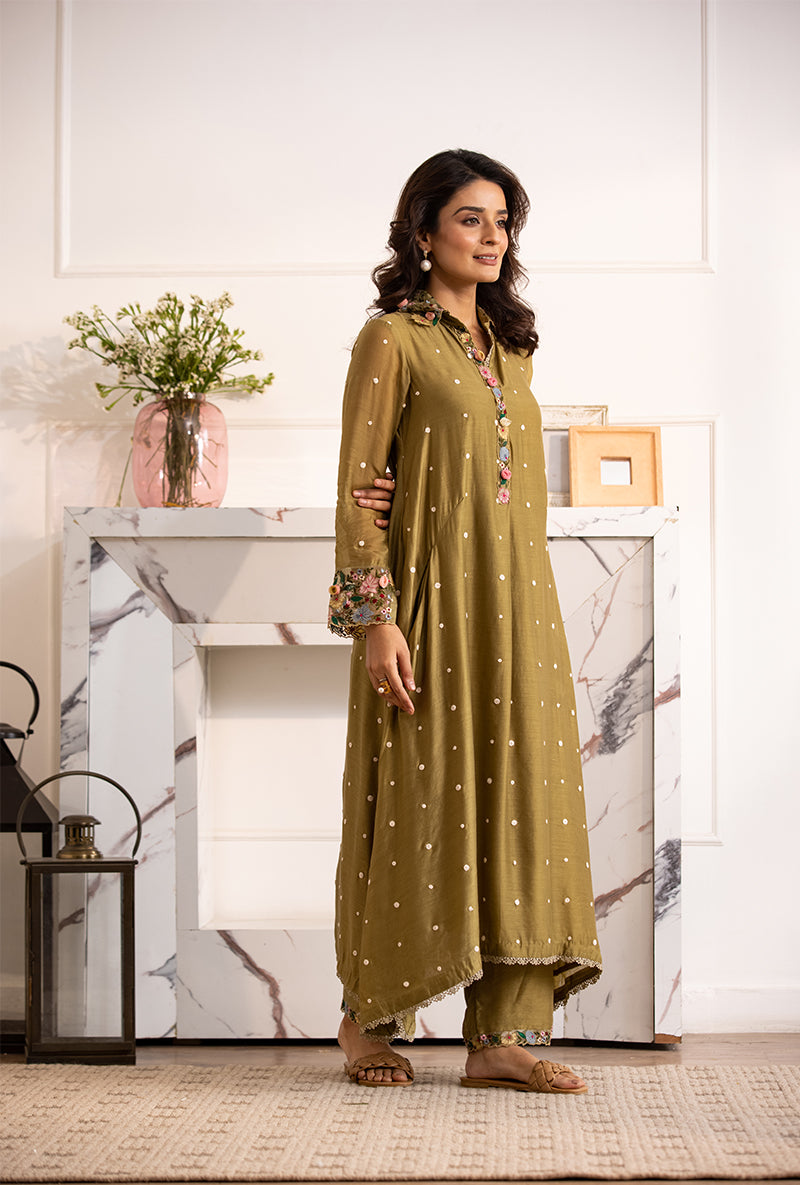Olive Green Orchid Collar Sahiba Kurta Set