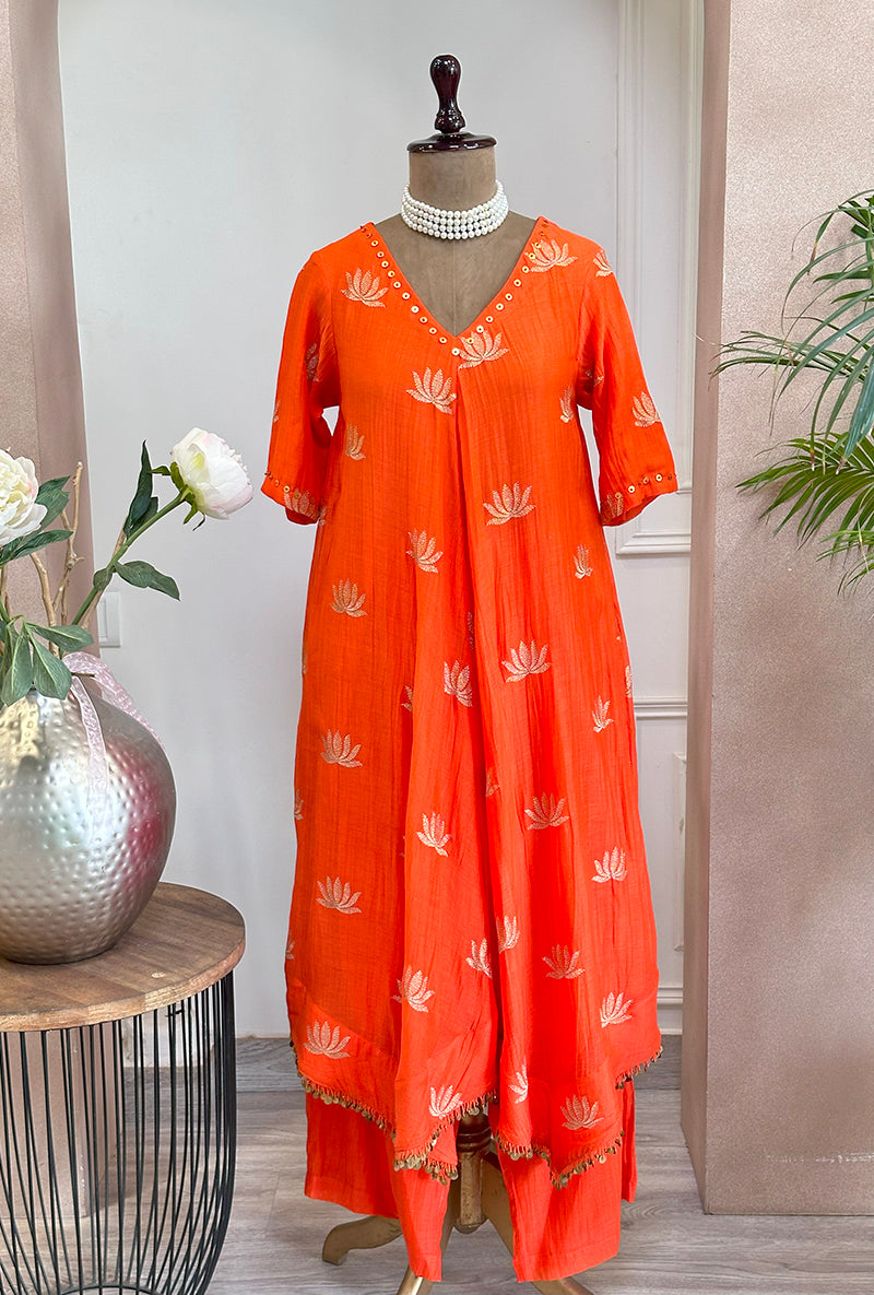 Orange Lotus Asymmetrical Kurta Set