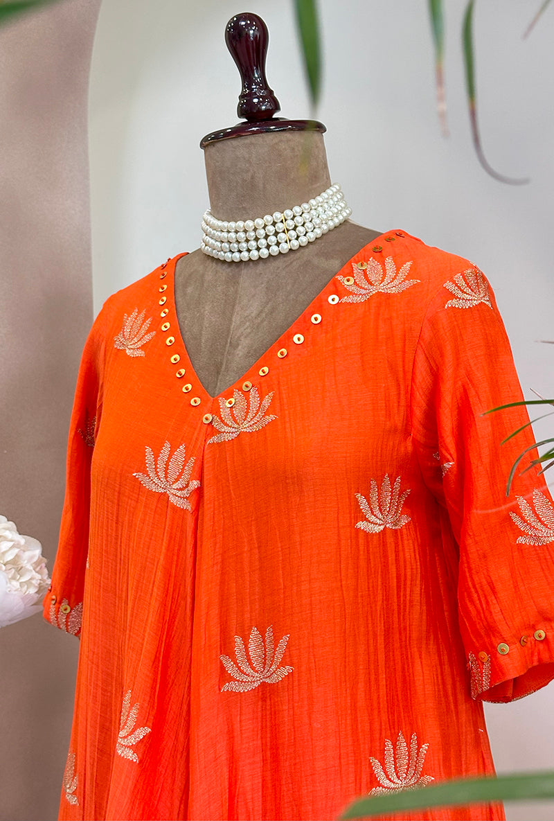 Orange Lotus Asymmetrical Kurta Set