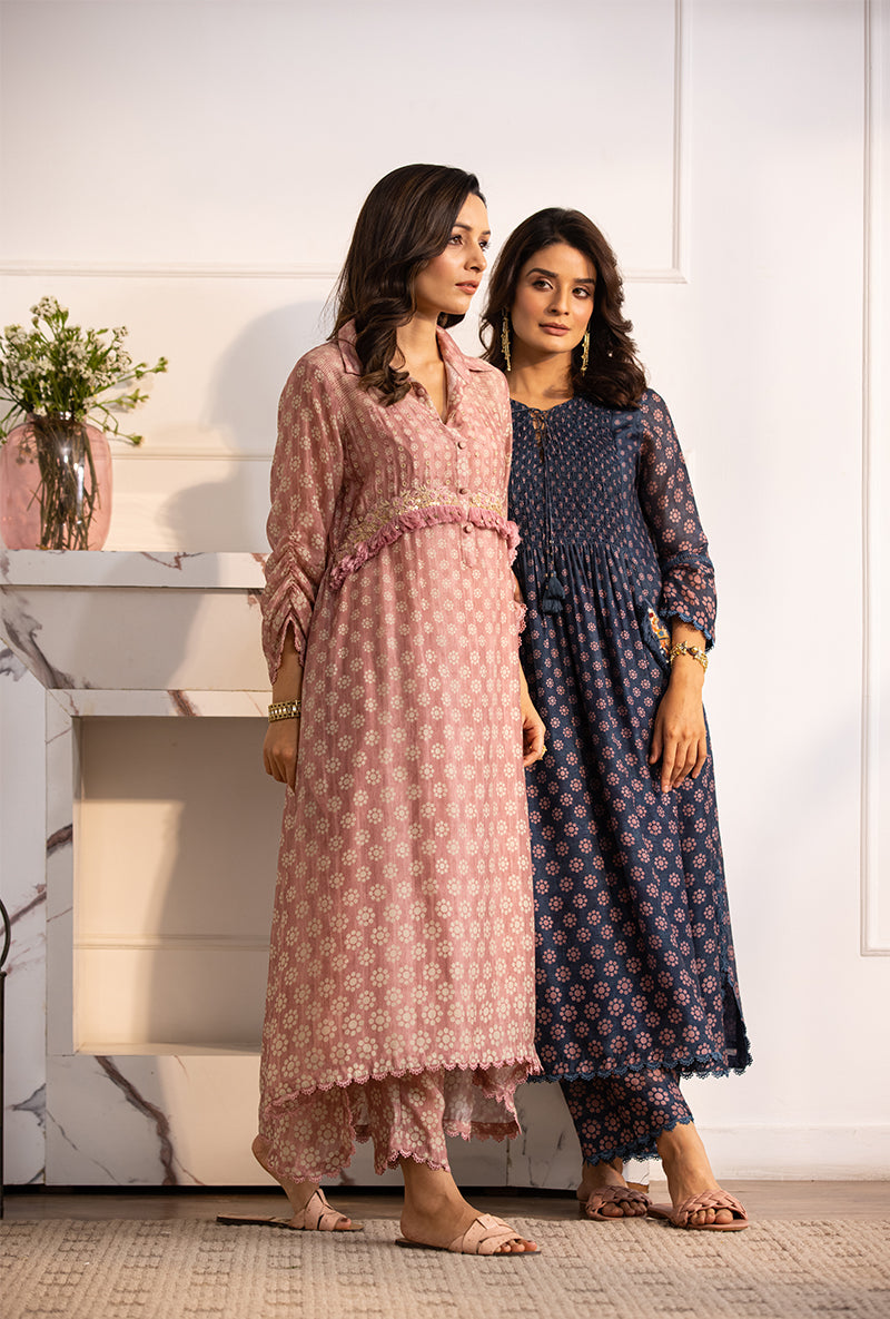 Pink Collar Cascade Navya Kurta Set