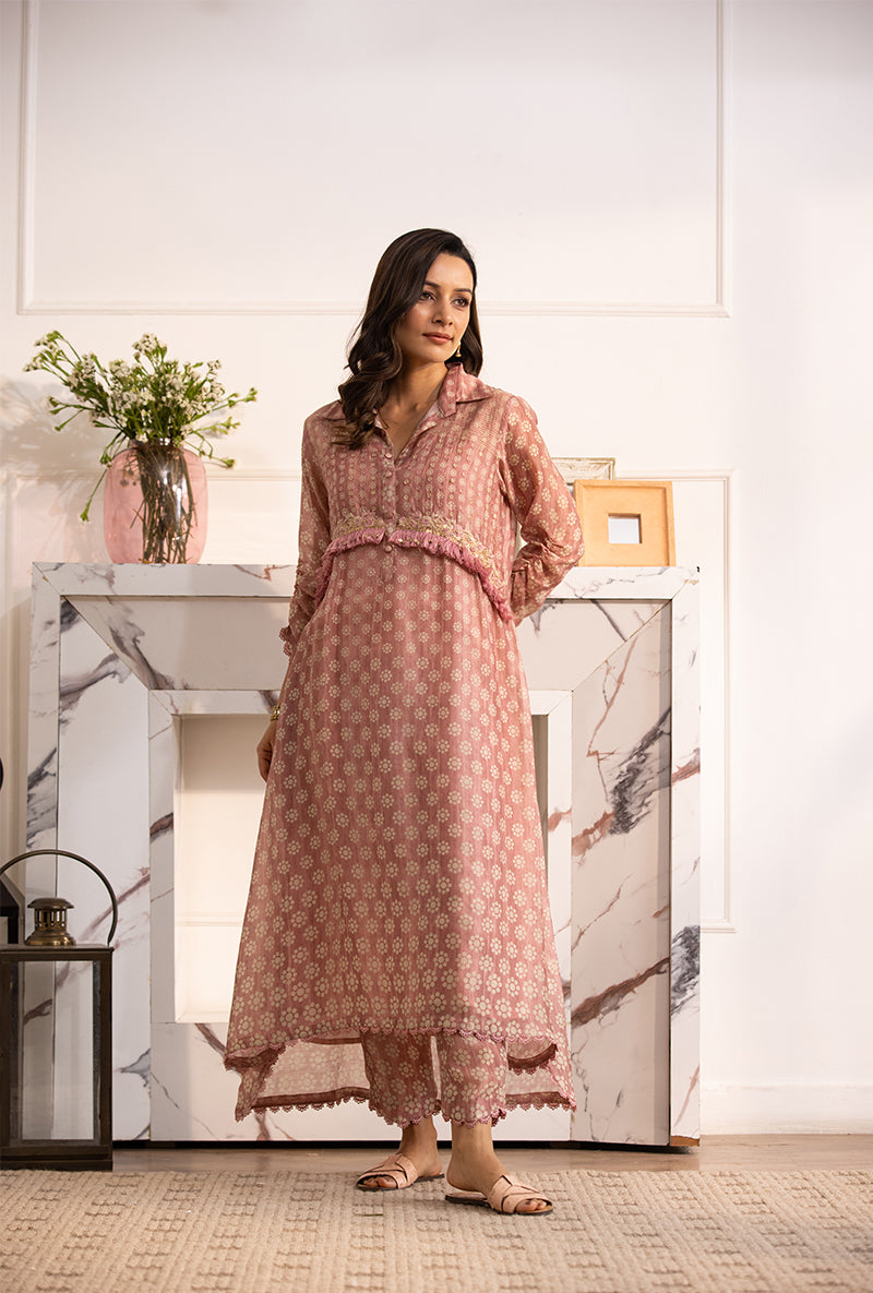 Pink Collar Cascade Navya Kurta Set