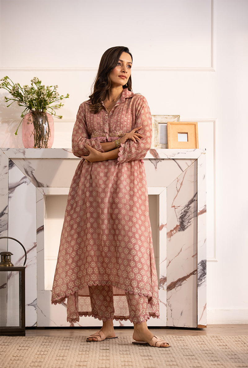 Pink Collar Cascade Navya Kurta Set