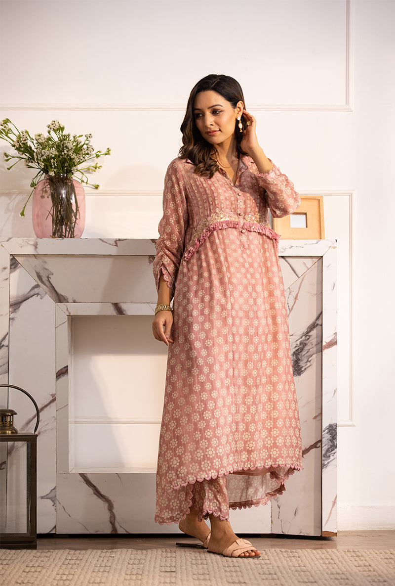 Pink Collar Cascade Navya Kurta Set