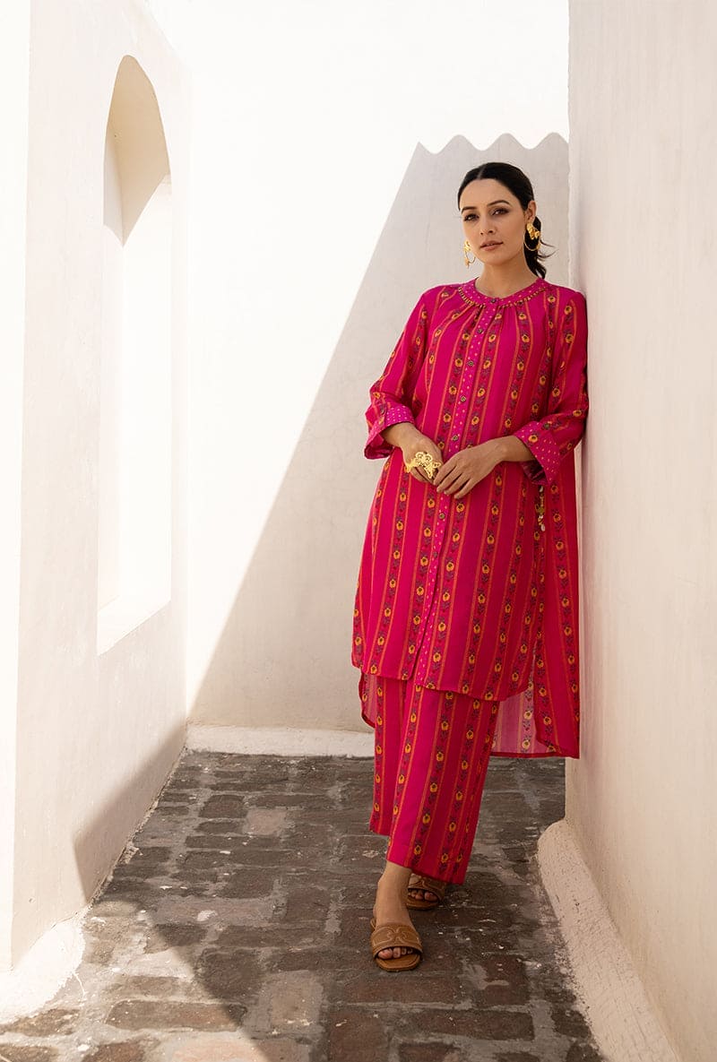 Mehal Kejriwal In Pink Stripe Print Long Sufia Co-ord Set