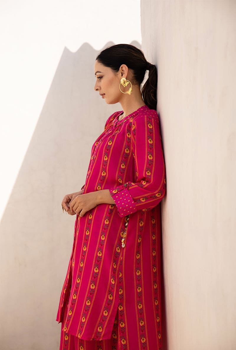Mehal Kejriwal In Pink Stripe Print Long Sufia Co-ord Set
