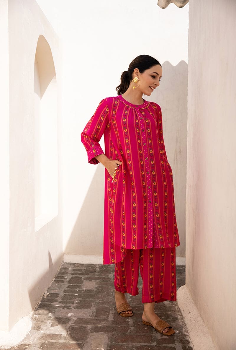 Mehal Kejriwal In Pink Stripe Print Long Sufia Co-ord Set