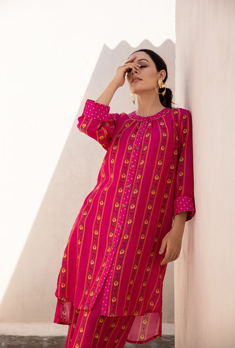 Mehal Kejriwal In Pink Stripe Print Long Sufia Co-ord Set