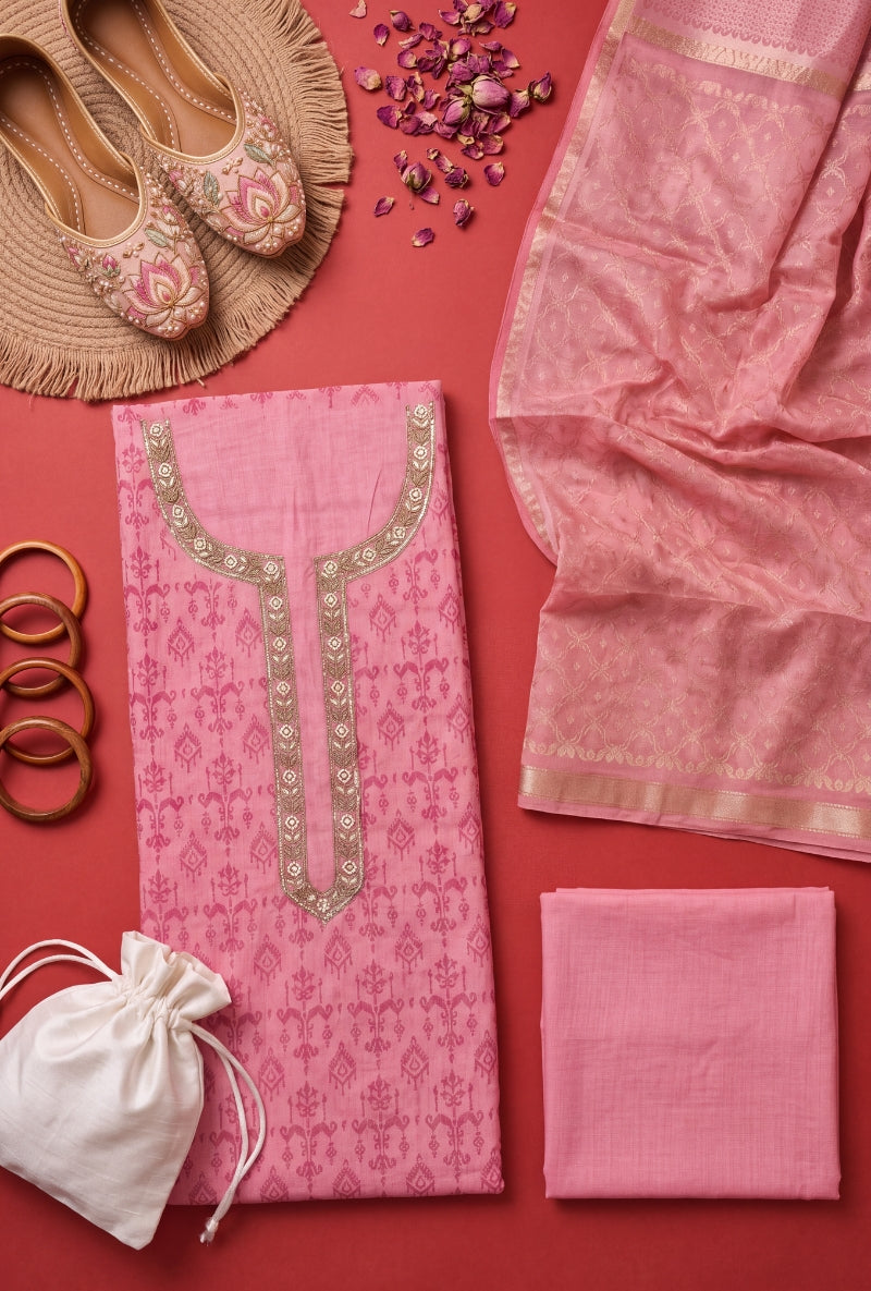 Zari and Moti Neck Block Print Unsitched Suit Set