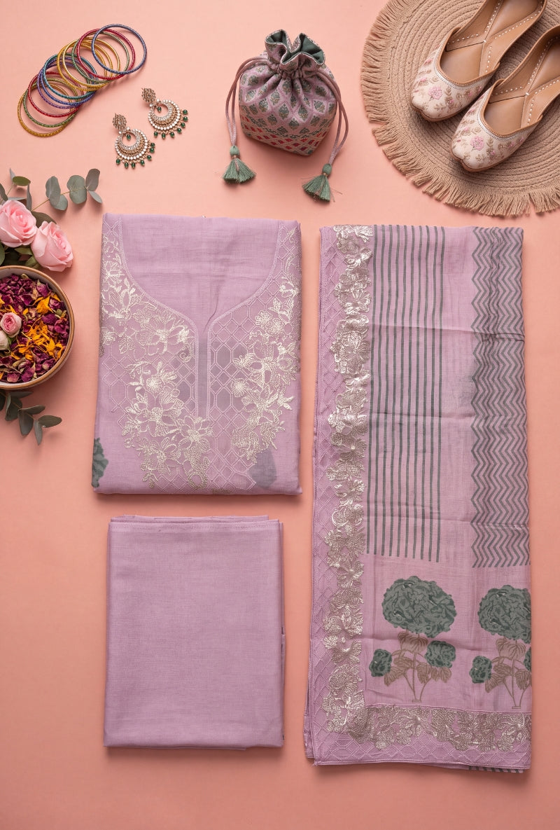 Foil work Yoke Block Print Unstitched Suit Set