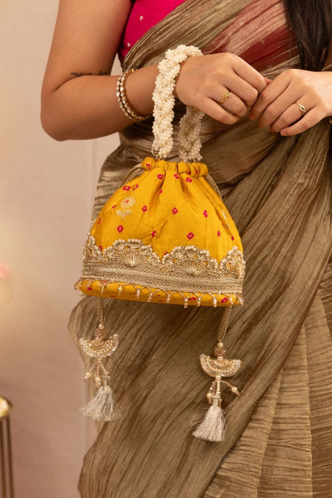 Mustard Rumani Bandhani Bucket Bag