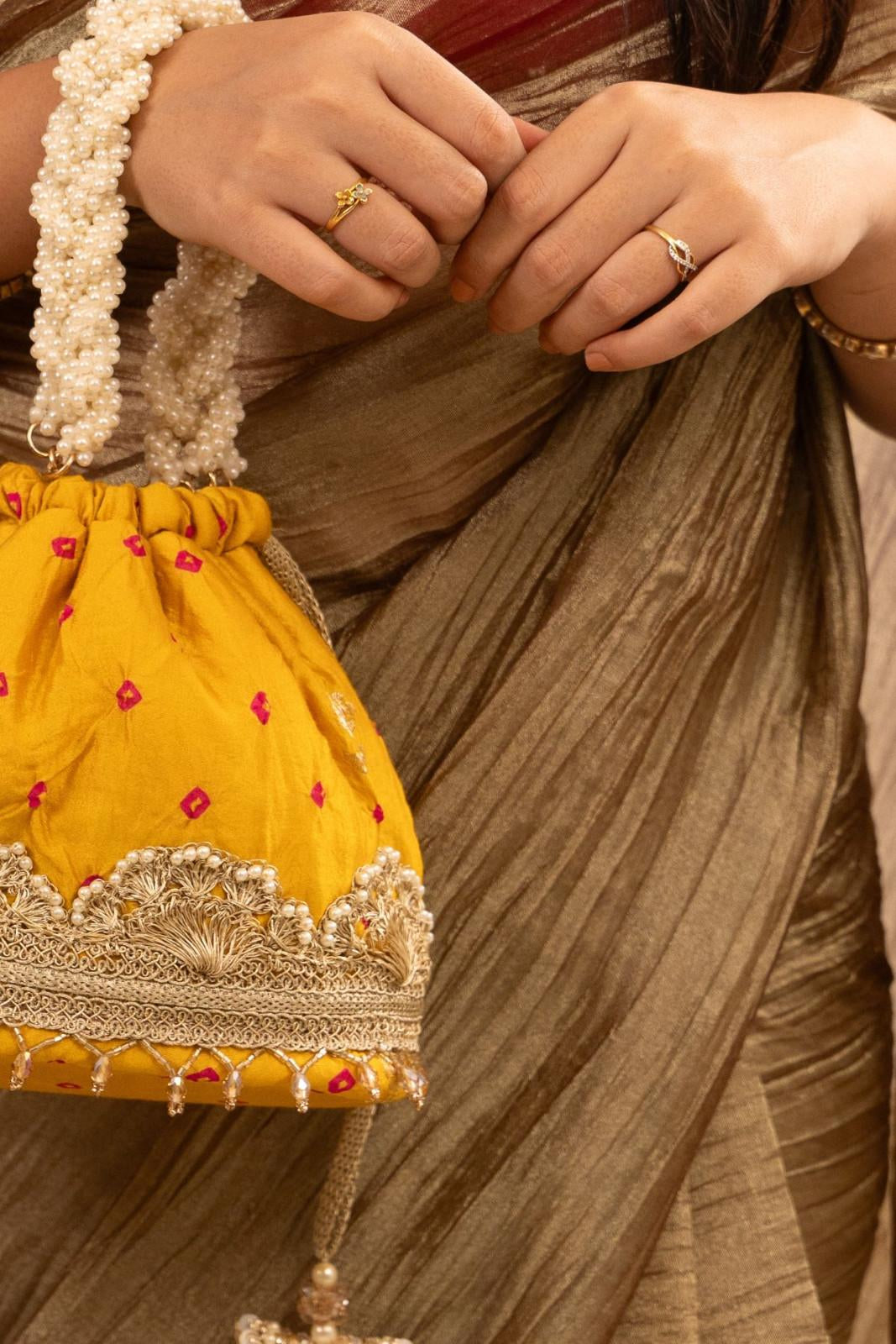 Mustard Rumani Bandhani Bucket Bag
