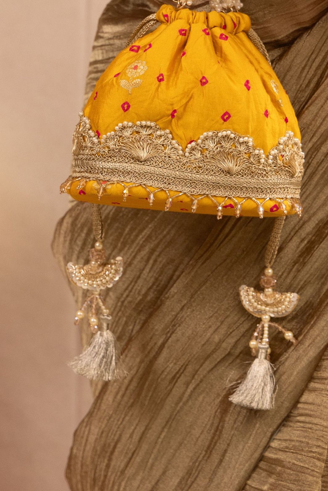 Mustard Rumani Bandhani Bucket Bag