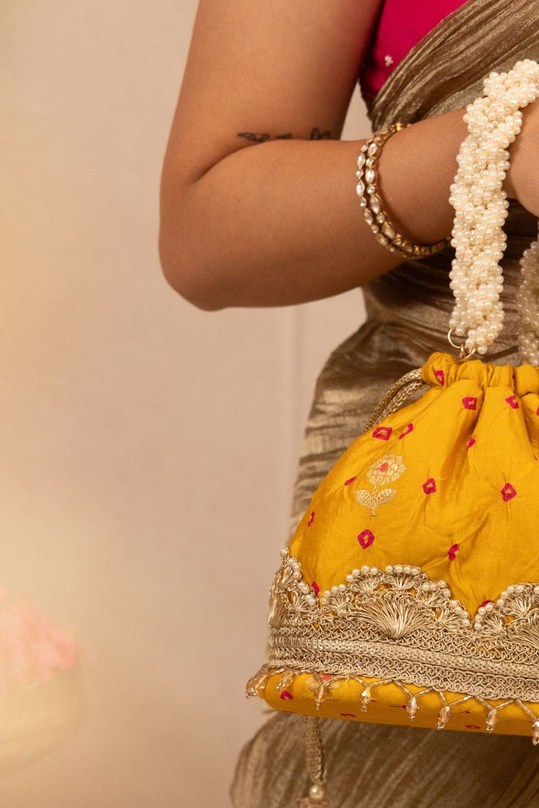 Mustard Rumani Bandhani Bucket Bag