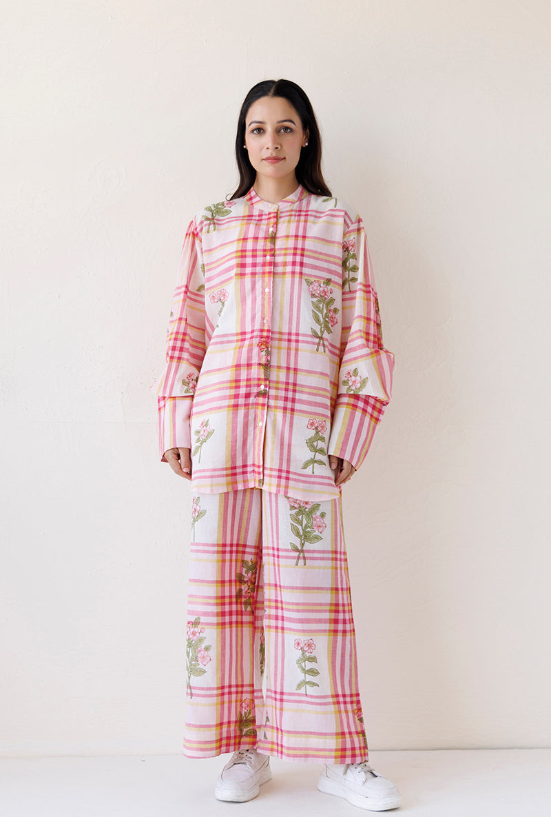 Pink Checks And Floral Chinese Collar Blush Shirt