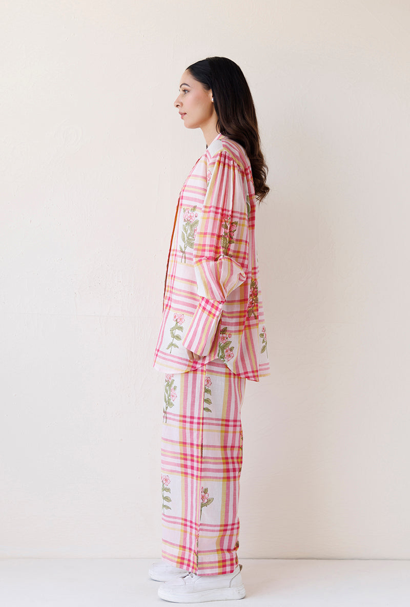 Pink Checks And Floral Chinese Collar Blush Shirt