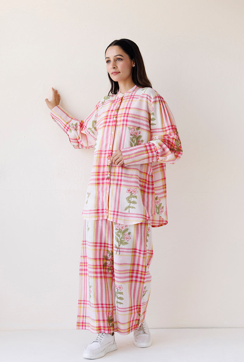Pink Checks And Floral Chinese Collar Blush Shirt