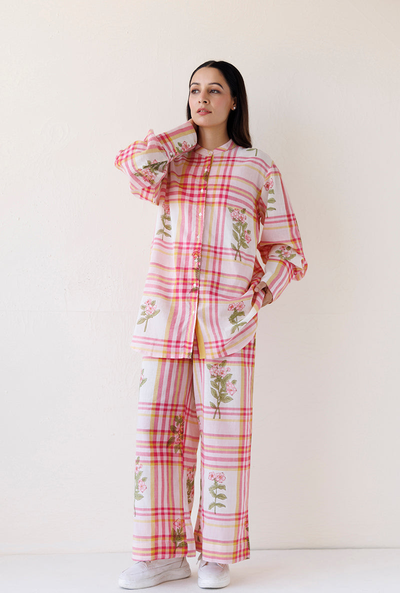 Pink Checks And Floral Chinese Collar Blush Shirt