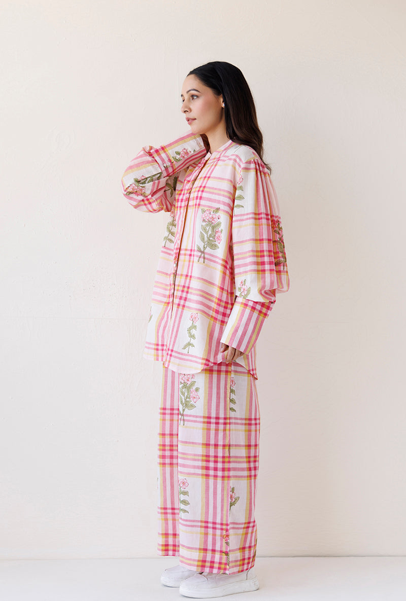 Pink Checks And Floral Chinese Collar Blush Shirt