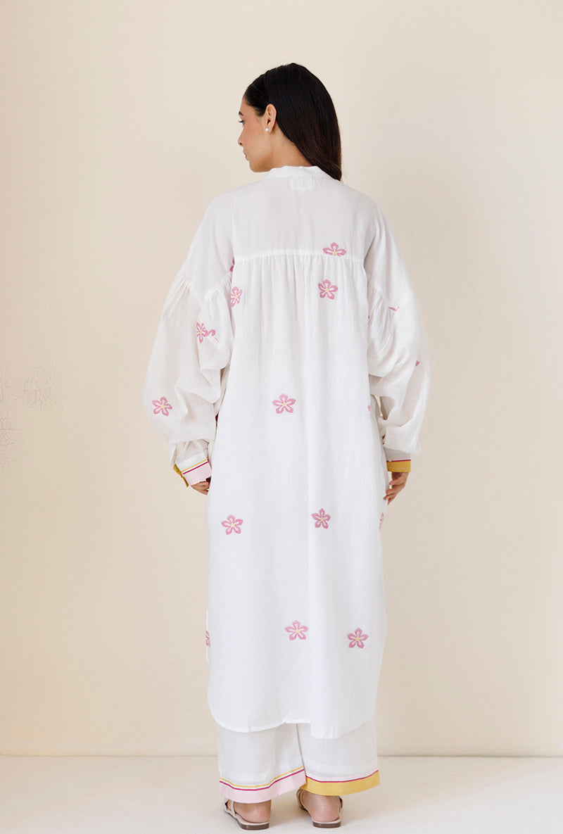 White Loose Fit Gather Blush Kurta Set