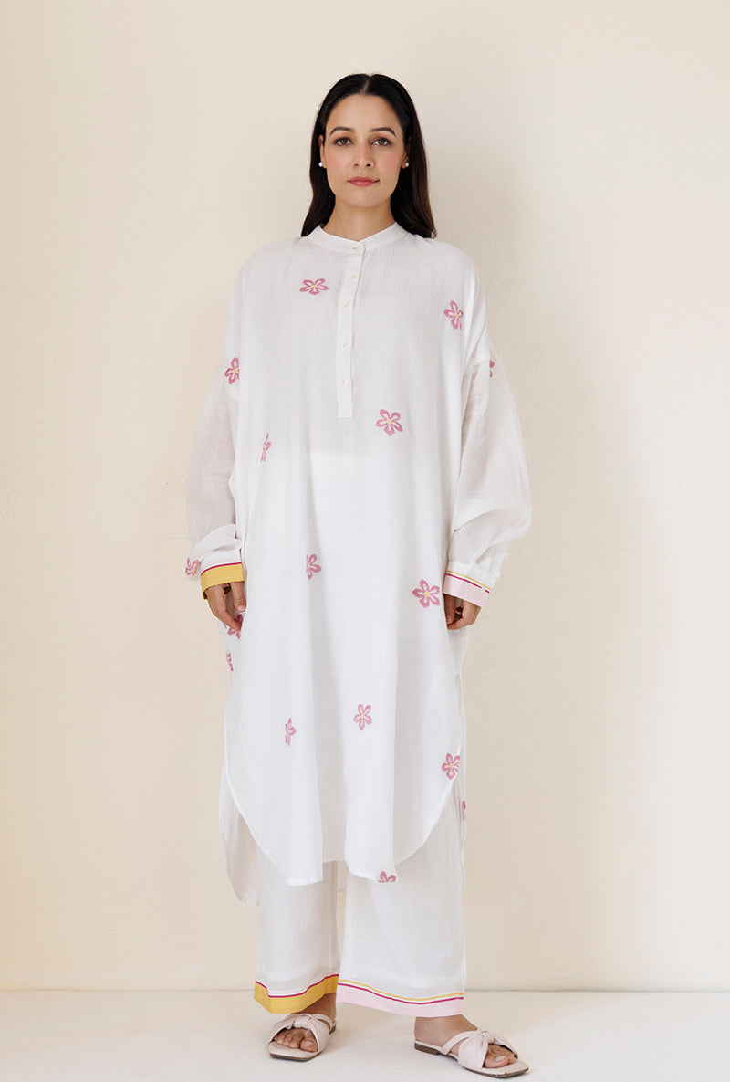 White Loose Fit Gather Blush Kurta Set