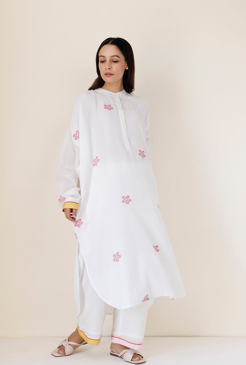 White Loose Fit Gather Blush Kurta Set