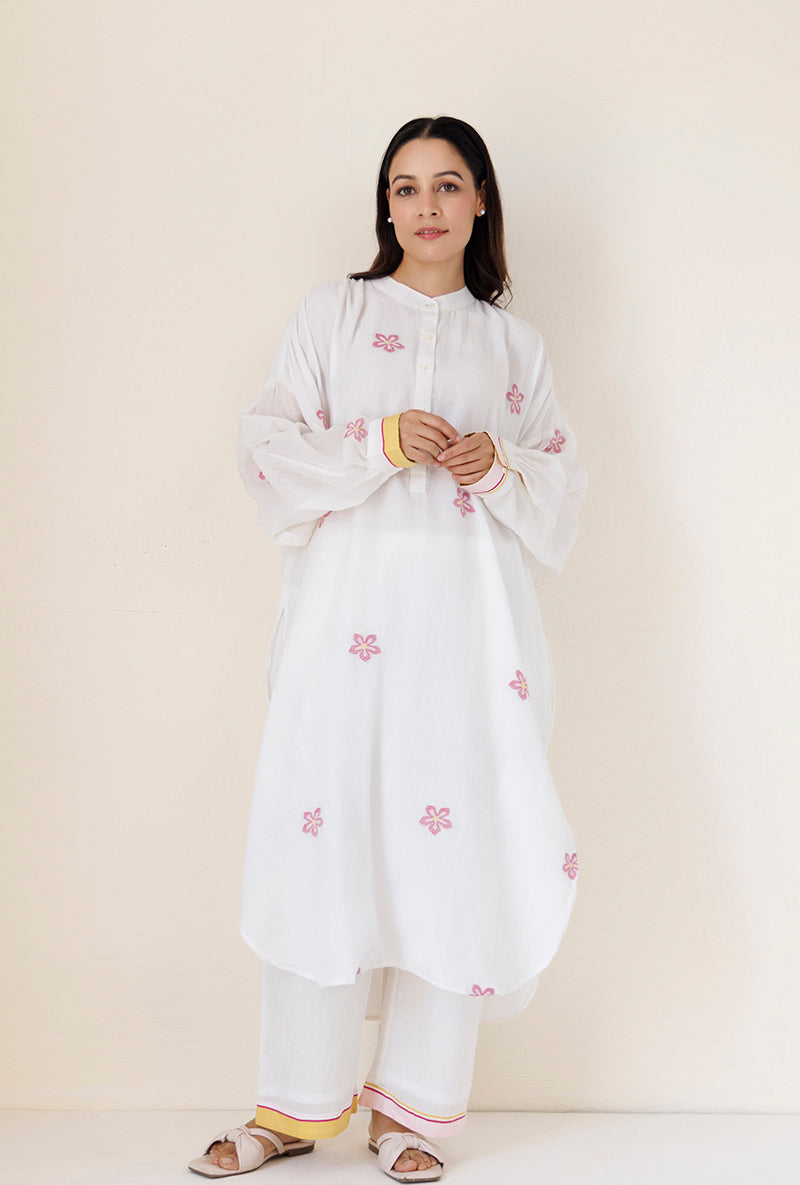White Loose Fit Gather Blush Kurta Set