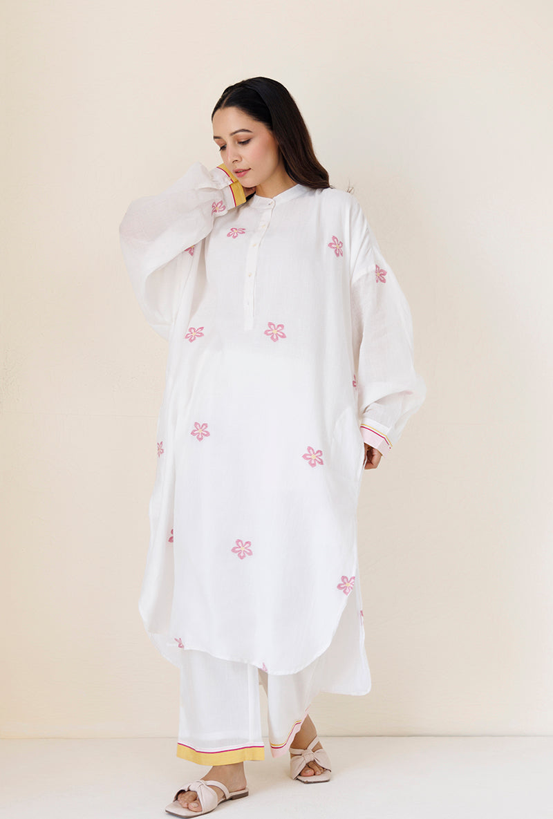 White Loose Fit Gather Blush Kurta Set