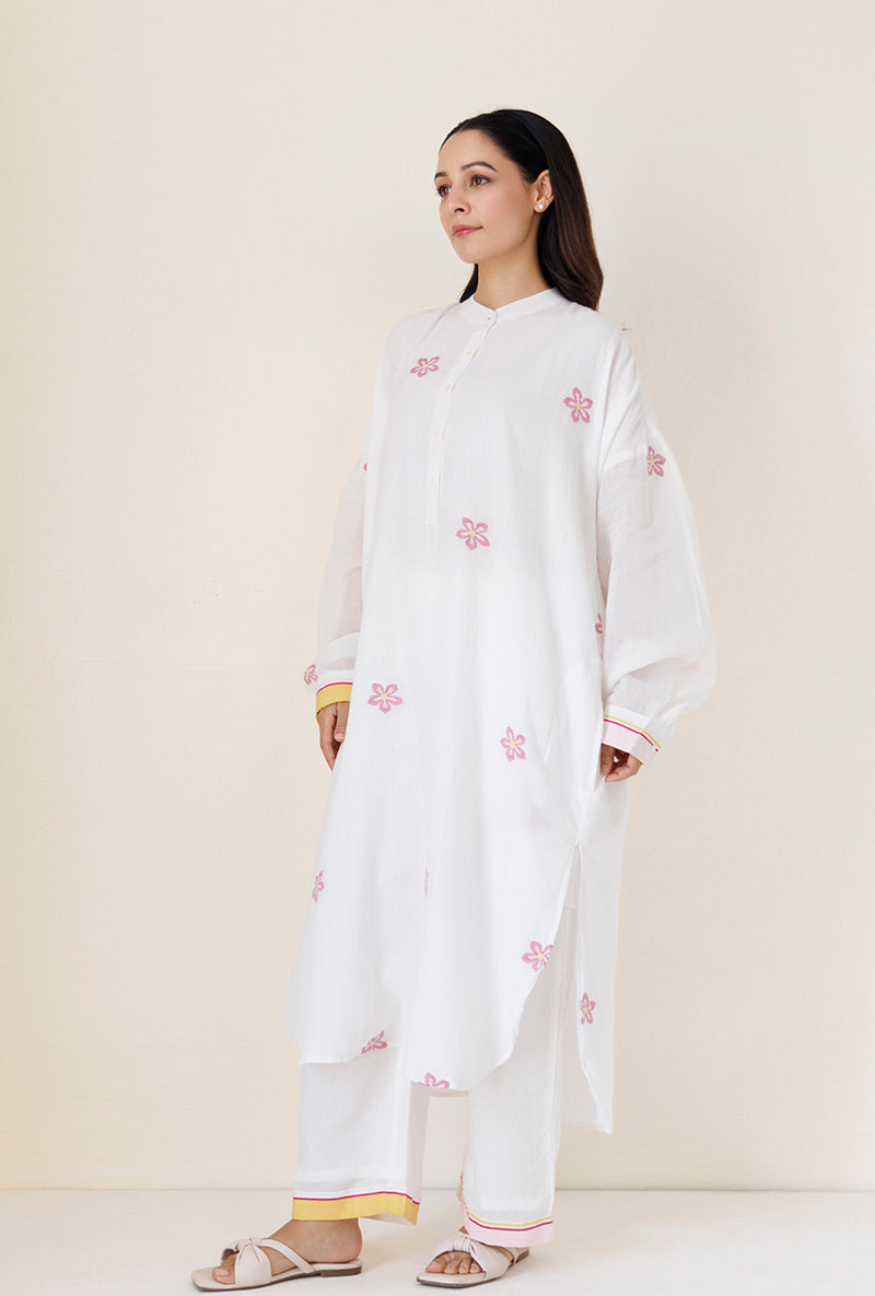 White Loose Fit Gather Blush Kurta Set