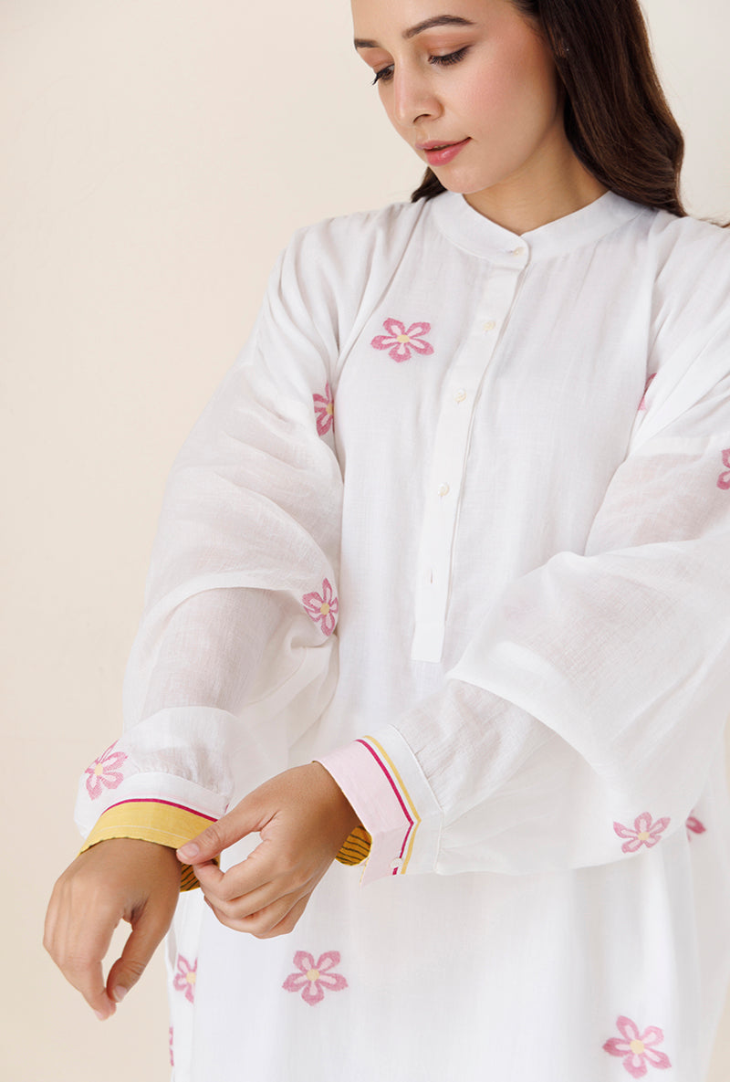 White Loose Fit Gather Blush Kurta Set